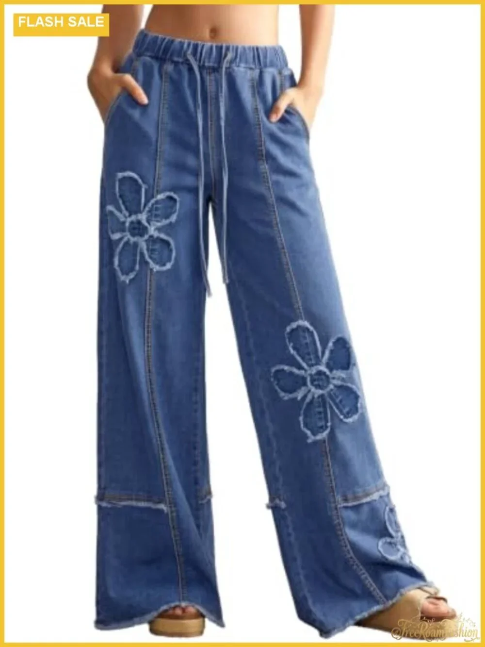 Y2K Wide Leg High Waist Baggy Jeans Stretchy Drawstring Floral Denim Pants